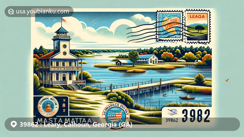 Modern illustration of Leary, Georgia, featuring Cordray's Mill Plantation and postal elements with vintage postcard design, Georgia state flag, and 'Leary, GA 39862' postmark.