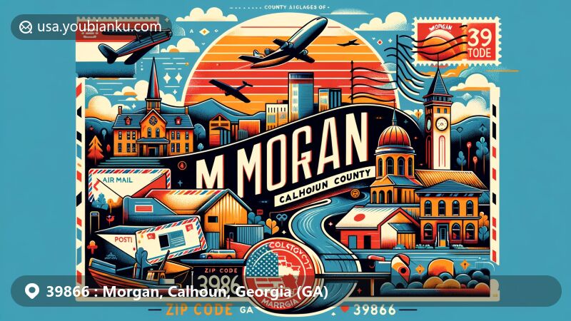 Modern illustration of Morgan, Calhoun County, Georgia, featuring iconic postal elements and vintage air mail theme with ZIP code 39866.