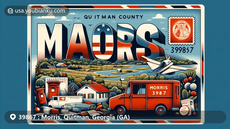 Vibrant illustration of Morris, Georgia, with ZIP code 39867, blending postal theme with Georgia's identity, featuring state elements like the flag or outline. Includes stamp, postmark, and traditional postal symbols.