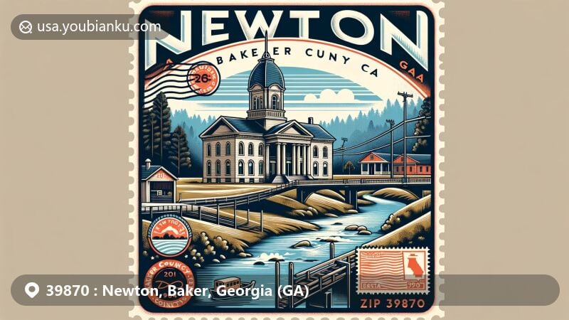 Modern illustration of Newton, Baker County, Georgia, showcasing postal theme with ZIP code 39870, featuring Baker County Courthouse, Flint River, vintage postal elements, and textual highlights like 'Newton, GA' and 'Baker County'.