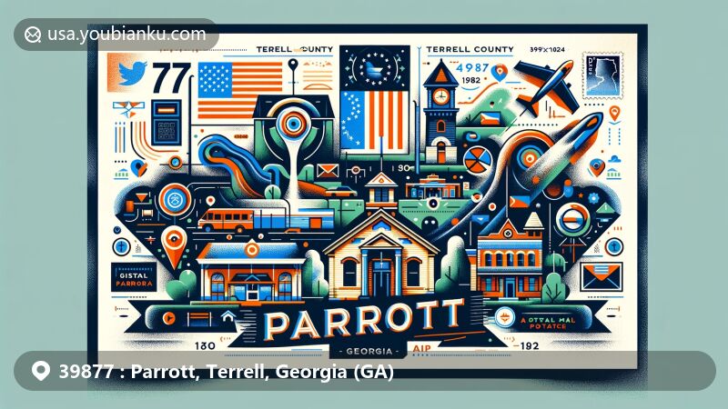 Modern illustration of Parrott, Georgia postal code 39877, with air mail envelope design featuring state and county outlines, Parrott symbols, and historic district. Includes postal elements and vibrant style.