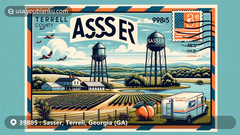 Modern illustration of Sasser, Terrell County, Georgia, with postal theme featuring water tower, rural landscape, Georgia symbols, and ZIP code 39885.