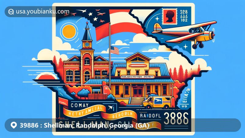 Modern illustration of Shellman, Georgia, highlighting postal theme with ZIP code 39886, featuring historic district on National Register of Historic Places, Georgia state flag, and Randolph County outline.