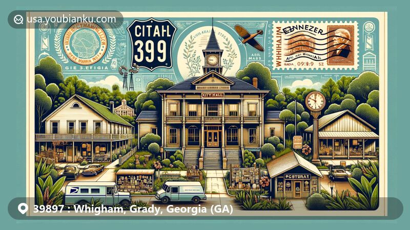 Modern illustration of Whigham, Georgia, capturing ZIP code 39897, featuring iconic landmarks like Whigham city hall and Ebenezer AME Church, with rustic gift shop and postal elements.