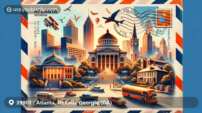 Modern illustration of Atlanta, Georgia, representing ZIP code 39901 with iconic landmarks like Fox Theater, Fernbank Museum of Natural History, Swan House, and Atlanta History Center on a vintage air mail envelope.
