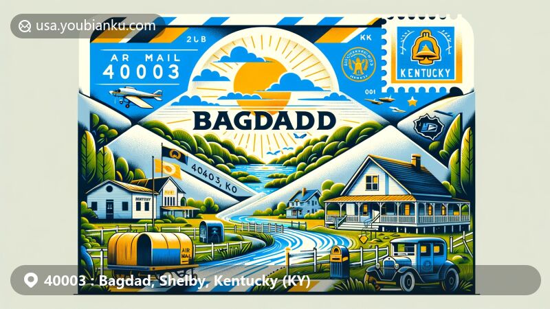 Modern illustration of Bagdad, Shelby County, Kentucky, featuring a creative airmail envelope with ZIP code 40003 and Bagdad, KY text, surrounded by iconic Kentucky symbols and postal elements.
