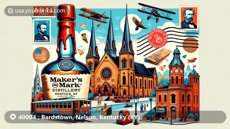 Modern illustration of Bardstown, Kentucky, incorporating postal themes with Maker's Mark Distillery, Civil War Museum, Basilica of Saint Joseph Proto-Cathedral, vintage airmail envelope, postage stamps, ZIP code 40004, and old-fashioned mailbox.