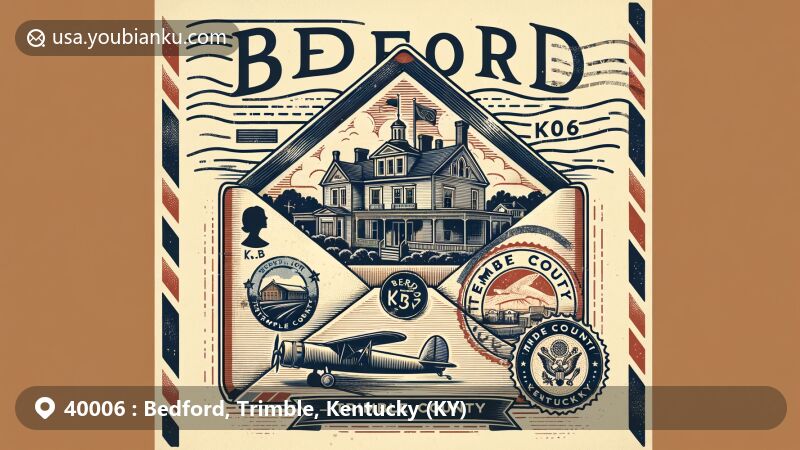 Modern illustration of Bedford, Trimble County, Kentucky, with vintage air mail envelope showcasing Coleman House, Trimble County Park, and Kentucky state flag.