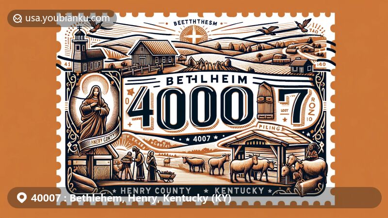 Modern illustration of Bethlehem, Henry County, Kentucky, capturing the essence of the annual Living Nativity event, set amidst the rural beauty of rolling hills and farmland. Includes a vintage postcard design with ZIP code 40007.