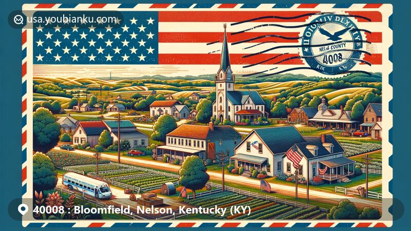 Modern illustration of Bloomfield, Nelson County, Kentucky, with postal theme featuring vintage postcard layout, air mail envelope borders, and Bloomfield's ZIP code 40008. Depicts serene country living charm, American flag displays, and Kentucky state symbols.