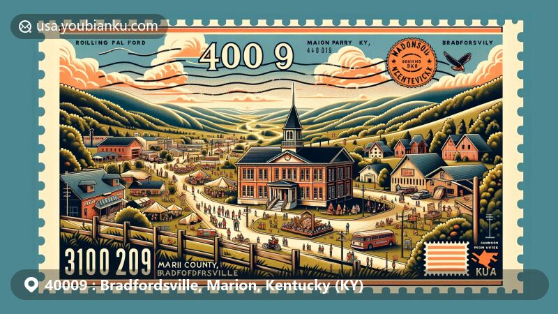 Modern illustration of Bradfordsville, Marion County, Kentucky, capturing its landscape in Rolling Fork Valley with rivers and hills, featuring Old Bradfordsville School, Old Mill Days festivity, and vintage postal elements.