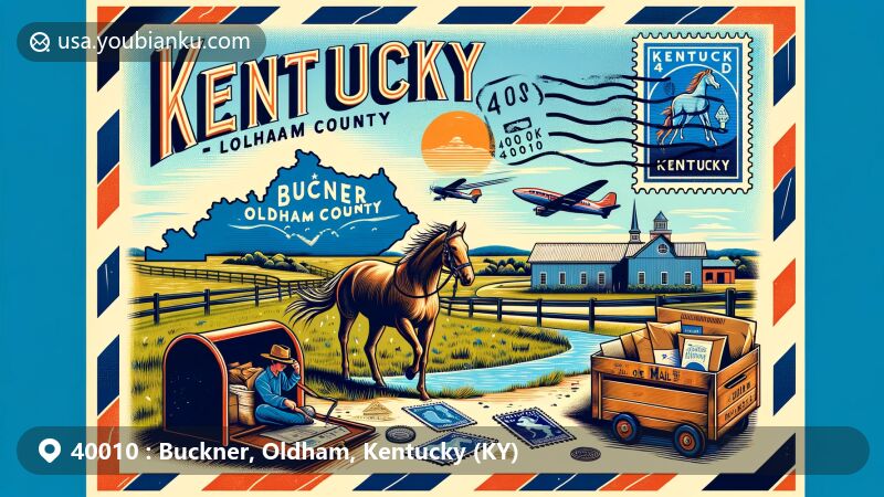 Modern illustration of Buckner, Oldham County, Kentucky, combining postal elements with local pride and culture, featuring air mail envelope with ZIP code 40010, Kentucky Horse Park, and the Ark Encounter.