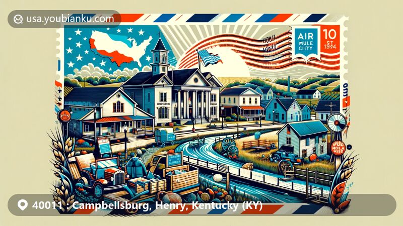 Modern illustration of Campbellsburg, Henry County, Kentucky, showcasing postal theme with ZIP code 40011, featuring recovery from 1974 tornado and pride in historic buildings, incorporating local symbols and USA elements.