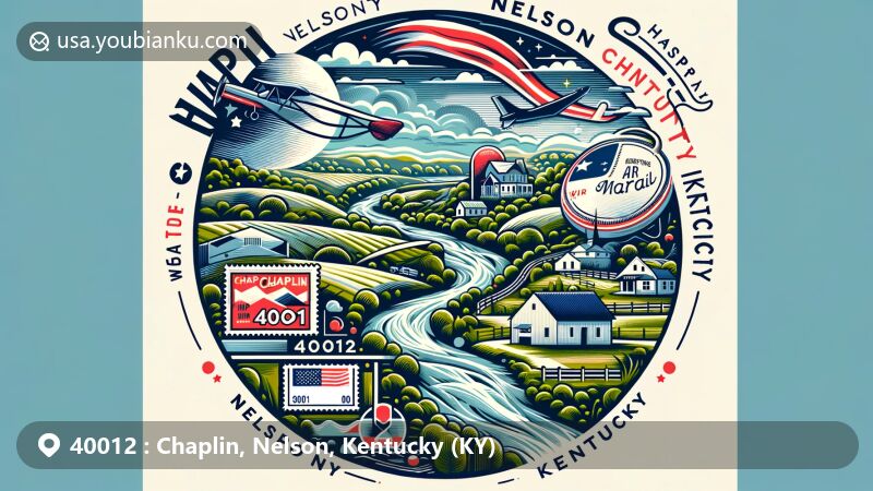 Modern illustration of Chaplin area, Nelson County, Kentucky, showcasing postal theme with ZIP code 40012, featuring Chaplin River and local geography.