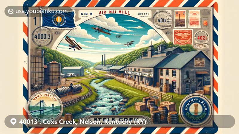 Modern illustration of Coxs Creek, Nelson County, Kentucky, representing ZIP code 40013 in a vintage air mail envelope framework, featuring Old SteelHouse Distillery, Kentucky state flag, and thematic postal elements.