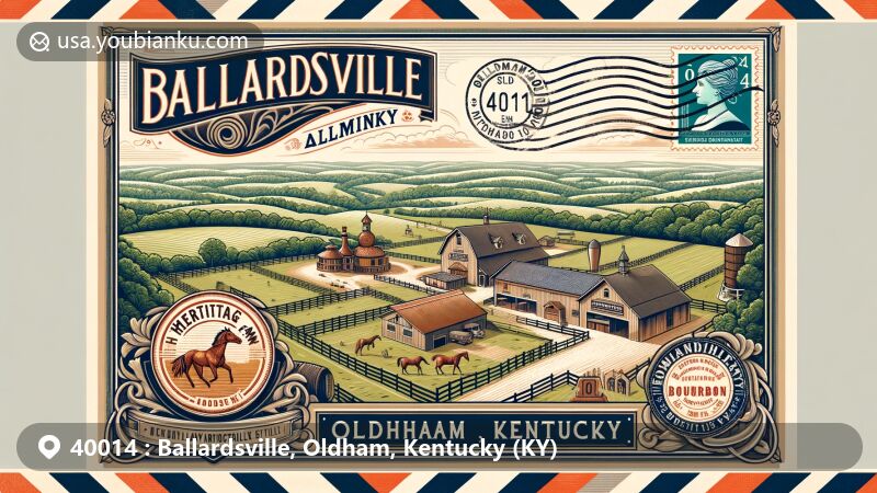 Modern illustration of Ballardsville, Oldham County, Kentucky, featuring a postcard with airmail envelope design and symbols of Hermitage Farm and Kentucky Artisan Distillery.