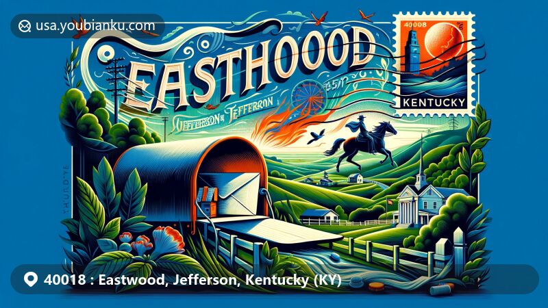 Modern illustration of Eastwood, Jefferson, Kentucky, merging regional features with postal elements, showcasing vibrant green landscapes and iconic landmarks of Jefferson County, centered around an artistic envelope adorned with a colorful stamp featuring Red River Gorge, symbolizing Kentucky's natural beauty, with a subtle peek into Eastwood's local scenery, possibly including rolling hills or a representation of the Ohio Coral Reef, hinting at the area's geological significance.