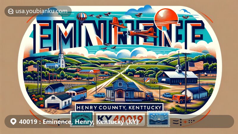Modern illustration of Eminence, Henry County, Kentucky, illustrating ZIP code 40019 with rolling hills and rural scenery near Shelby County, featuring Henry County Fairgrounds, Kentucky state flag, and vintage air mail elements.