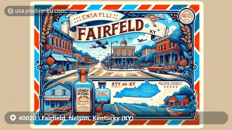 Modern illustration of Fairfield, Nelson County, Kentucky, capturing ZIP code 40020, with Main Street, Henry McKenna bourbon, Nelson County silhouette, and Kentucky bluegrass plants in a vintage airmail envelope design.