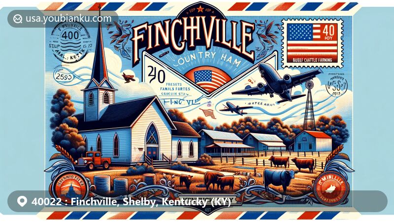 Modern illustration of Finchville, Kentucky, blending local charm and postal heritage, showcasing Finchville Baptist Church, Finchville Farms Country Ham, and scenes of Carlile Acres beef cattle farming.