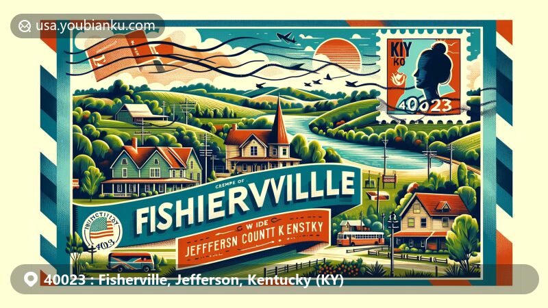 Modern illustration of Fisherville, Jefferson County, Kentucky, with ZIP code 40023, showcasing green spaces, rolling hills, and postal elements like vintage postcard border and Kentucky state flag stamp.