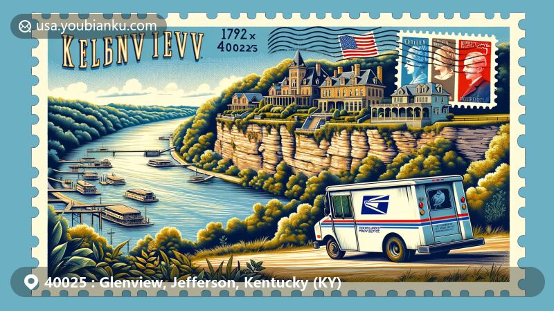 Modern illustration of Glenview, Jefferson County, Kentucky, capturing historical charm with old estate homes on high river bluffs overlooking the Ohio River, featuring vintage postcard design with Kentucky state flag stamps and ZIP code 40025.