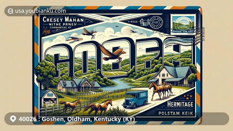 Modern illustration of Goshen, Oldham County, Kentucky, highlighting Creasey Mahan Nature Preserve and Hermitage Farm, with a vintage airmail theme featuring ZIP code 40026 and postal elements, reflecting the city's natural beauty and agricultural legacy.
