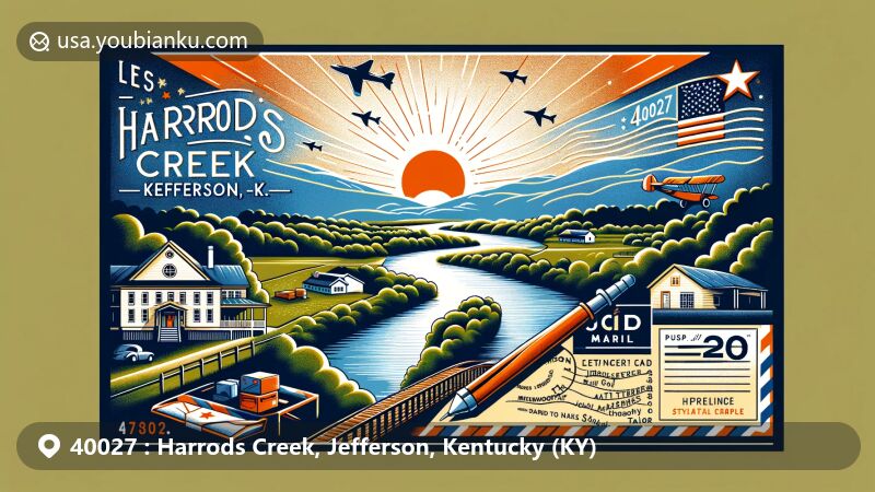 Modern illustration of Harrods Creek, Jefferson, Kentucky, highlighting postal theme with ZIP code 40027, featuring picturesque creek, historical symbols, and Kentucky map.
