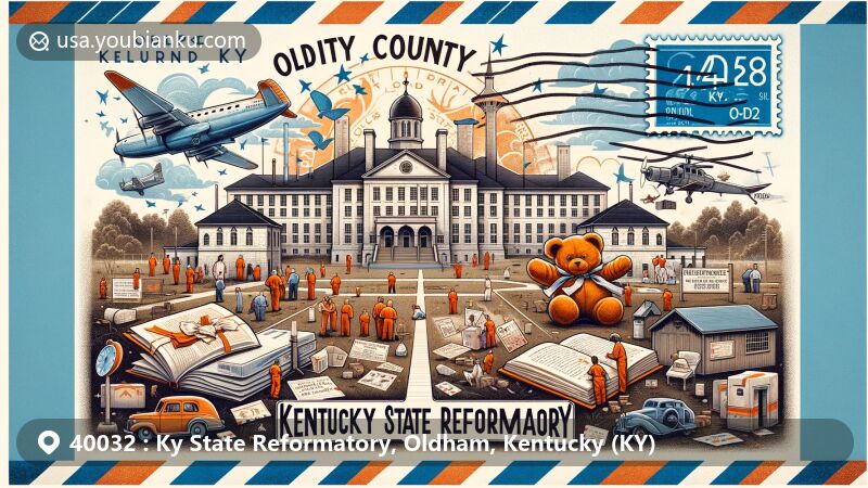 Modern illustration of Kentucky State Reformatory in Oldham County, Kentucky, featuring vintage airmail envelope design with a blend of historical significance and current relevance. Central detailed artwork of the main building highlighting its uniqueness and historical importance. Surrounding decorations include symbols representing the facility's impact on the community and its role in correctional reform, such as an open book symbolizing education programs, a teddy bear representing gifts made by inmates for children, and a fully equipped hospital symbolizing medical services. Elegant integration of postal code '40032' and 'Oldham County, KY' text in retro font. The illustration conveys a sense of hope and rehabilitation, reflecting the institution's mission to encourage inmates to reintegrate into society and lead a crime-free life. Modern art style suitable for web use, vibrant colors, eye-catching, blending historical elements with hope for the future.