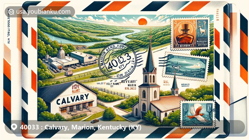 Modern illustration of Calvary, Marion, Kentucky, highlighting bourbon culture and historic landmarks, featuring Maker’s Mark distillery and Holy Name of Mary Church, with custom postage stamps and ZIP Code 40033.