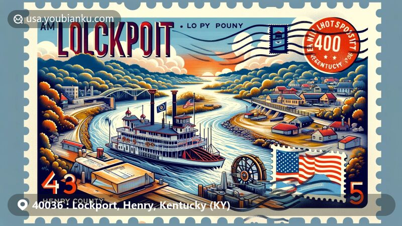Modern illustration of Lockport, Henry County, Kentucky, USA, highlighting its historic steamboat port near a lock and dam, featuring the Kentucky state flag and artistic representations of streams, valleys, and landmarks.