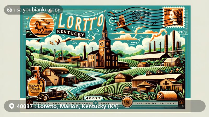 Modern illustration of Loretto, Marion, Kentucky, showcasing Maker's Mark distillery at the center, surrounded by Bourbon culture, rolling hills, and farmlands, integrated with postal elements like stamps and postmarks with '40037 Loretto, KY' imprints.