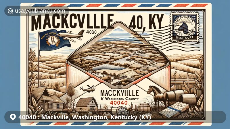 Modern illustration of Mackville, Washington County, Kentucky, featuring vintage air mail envelope with Kentucky state flag and map marker, showcasing rural landscapes, farmland, and small-town charm with a horse stamp representing Kentucky's equestrian culture.