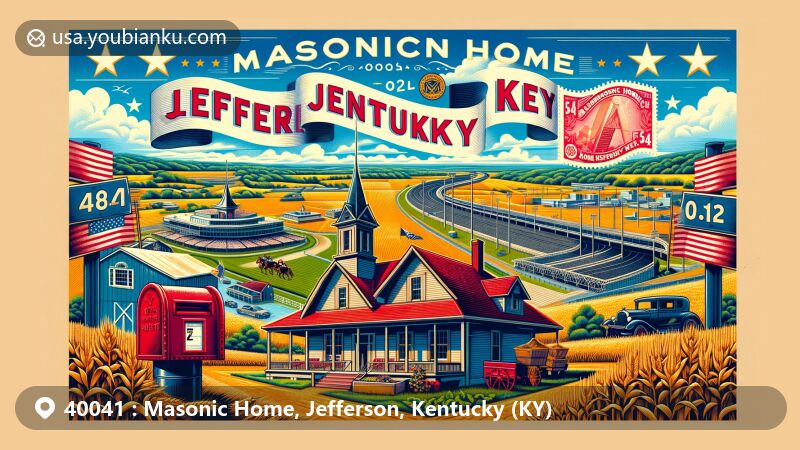 Vibrant modern illustration featuring Masonic Home, Jefferson County, Kentucky, highlighting iconic landmarks like Big Four Bridge and Churchill Downs, along with corn and wheat fields, vintage postcard with ZIP Code 40041, red postal box, and Kentucky state flag stamp.