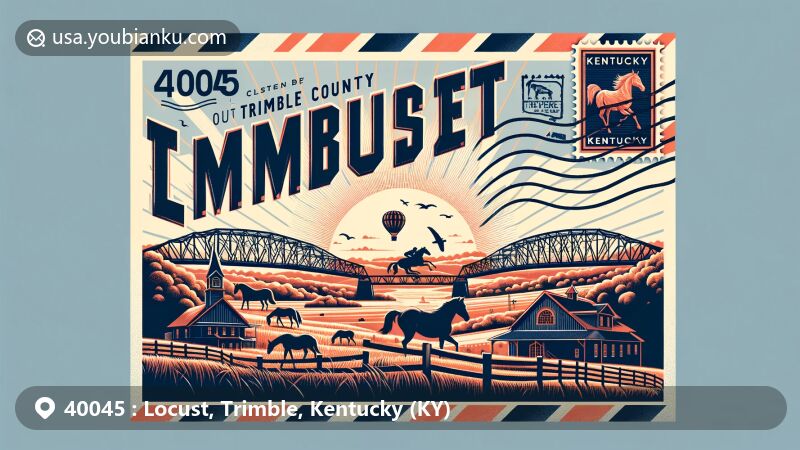 Modern illustration of Locust, Trimble County, Kentucky, highlighting ZIP code 40045 and natural beauty of Outer Bluegrass region with Kentucky Horse Park and Big Four Bridge.