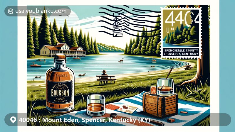 Modern illustration of Mount Eden area in Spencer County, Kentucky, showcasing connection to Bourbon Country and natural beauty with Taylorsville Lake State Park, bourbon industry symbols, and postal theme with ZIP code 40046.