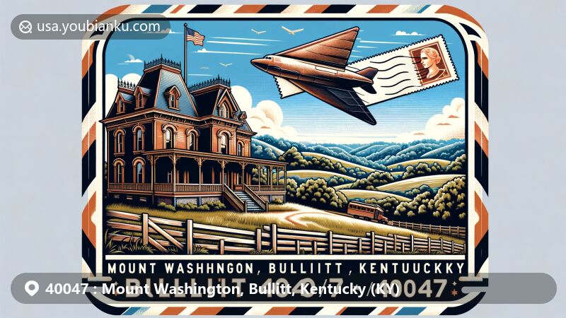 Modern illustration of Mount Washington, Bullitt, Kentucky (KY), embodying ZIP code 40047, featuring Lloyd House against scenic backdrop, with vintage airmail envelope and nods to Civil War history.