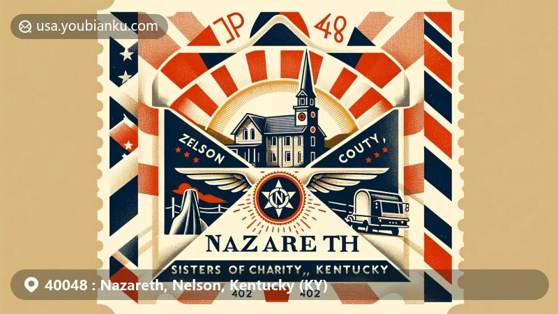 Modern illustration of Nazareth, Nelson County, Kentucky, showcasing creative postal theme with vintage-style air mail envelope, Kentucky state flag, Nelson County outline, Sisters of Charity of Nazareth imagery, and elements of Kentucky's natural beauty.