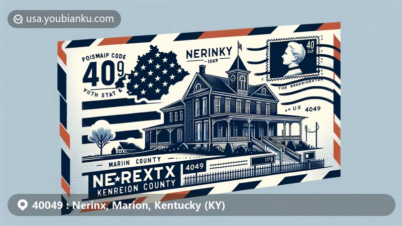 Modern illustration of Nerinx, Kentucky, depicting Loretto Motherhouse, Marion County outline, and Kentucky state flag within a vintage airmail envelope, showcasing ZIP code 40049.