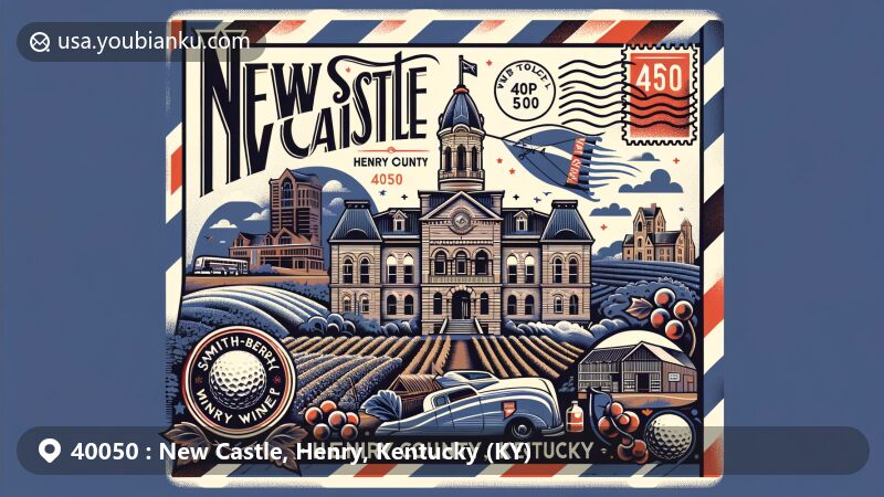 Modern illustration of New Castle, Henry County, Kentucky, showcasing postal theme with ZIP code 40050, featuring Henry County Courthouse, Smith-Berry Vineyard & Winery, The Berry Center, and Henry County Country Club.