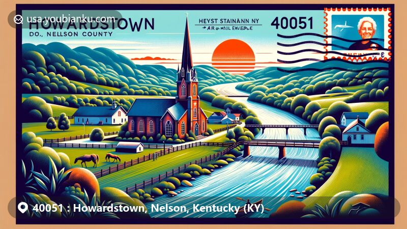 Modern illustration of Howardstown, Nelson County, Kentucky, depicting the scenic Rolling Fork River and Saint Ann Catholic Church, featuring ZIP code 40051 and a stylized postage stamp with horse motif.