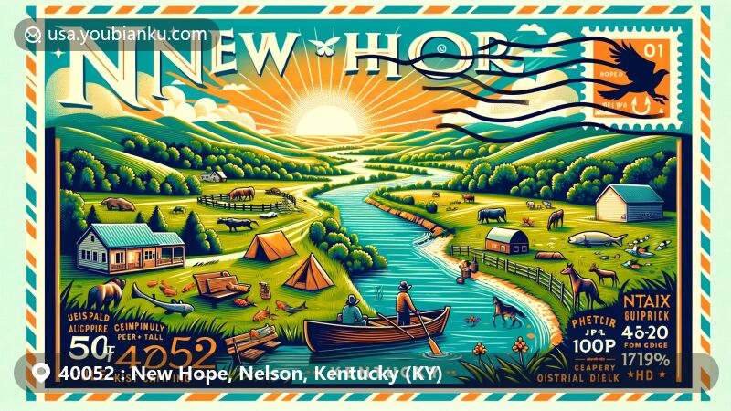 Modern illustration of New Hope, Nelson County, Kentucky, showcasing rural charm and abundant wildlife, with rolling hills and recreational activities like fishing, camping, and hiking, featuring a postage stamp, postal mark, and ZIP code 40052.