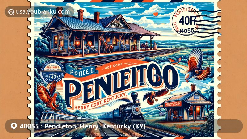 Modern illustration of Pendleton, Henry County, Kentucky, depicting postal theme with ZIP code 40055, featuring Pendleton Railroad Station, Wingz-N-Thingz restaurant, and Kentucky's natural beauty.