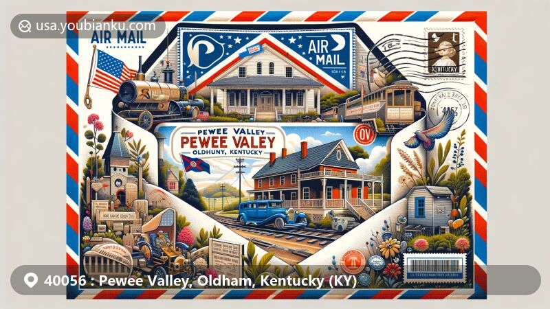 Modern illustration of Pewee Valley, Oldham County, Kentucky, featuring Pewee Valley Museum, Kentucky Confederate Home, local flora, postal motifs with ZIP code 40056, and Kentucky state flag.