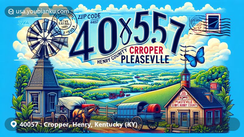 Modern illustration of Cropper and Pleasureville area in Henry County, Kentucky, with ZIP code 40057. Features Bluegrass region's scenic beauty, historical elements like an old fort for Dutch Huguenot settlers, and outline of Shelby County. Includes old-fashioned mailbox, postal stamp with ZIP code, and postal truck to highlight postal theme.