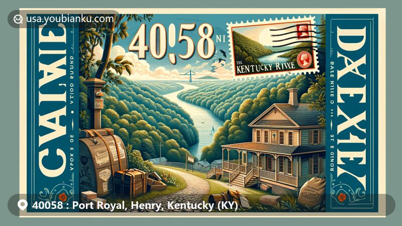 Modern illustration of Port Royal, Kentucky, representing ZIP code 40058, featuring a scenic hiking trail inspired by Port Royal State Park and historic town elements.
