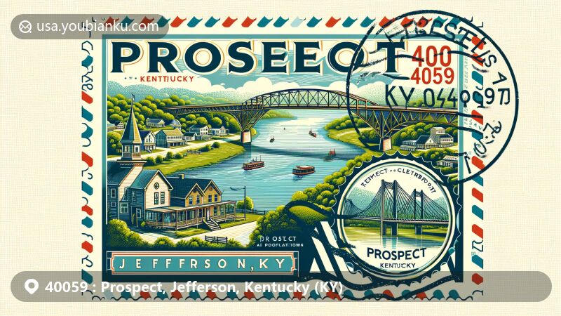Modern illustration of Prospect, Jefferson County, Kentucky, featuring the Lewis and Clark Bridge connecting over the Ohio River, with postal theme showcasing ZIP code 40059.