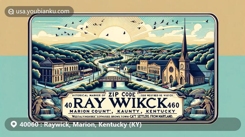 Modern illustration of Raywick, Marion County, Kentucky, featuring ZIP code 40060, highlighting town's historical marker and contributions of Ray and Wickliffe families, showcasing local landmarks like Prather's Creek and St. Francis Xavier Catholic Church.