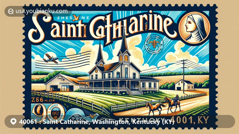 Modern illustration of Saint Catharine, Washington County, Kentucky, showcasing postal theme with ZIP code 40061, featuring the Motherhouse of the Dominican Sisters of Peace and Kentucky symbols.