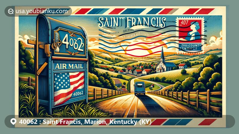 Illustration of Saint Francis in Marion County, Kentucky, featuring postcard with rolling hills and pastoral scenes, Kentucky state flag, ZIP Code 40062, postal stamp of Marion County outline, airmail border, traditional mailbox, and postal delivery truck.